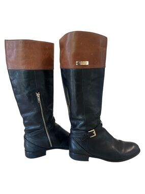 Coach two toned leather riding boots. Black and brown knee-high boots.